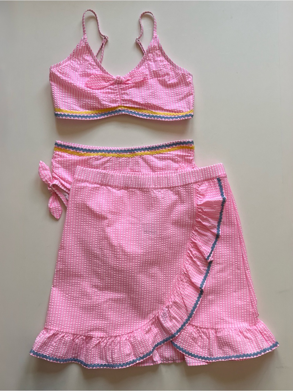 Crewcuts Girls' Pink Seersucker Stripe Ric-Rac Bikini & Matching Skirt - Size 14